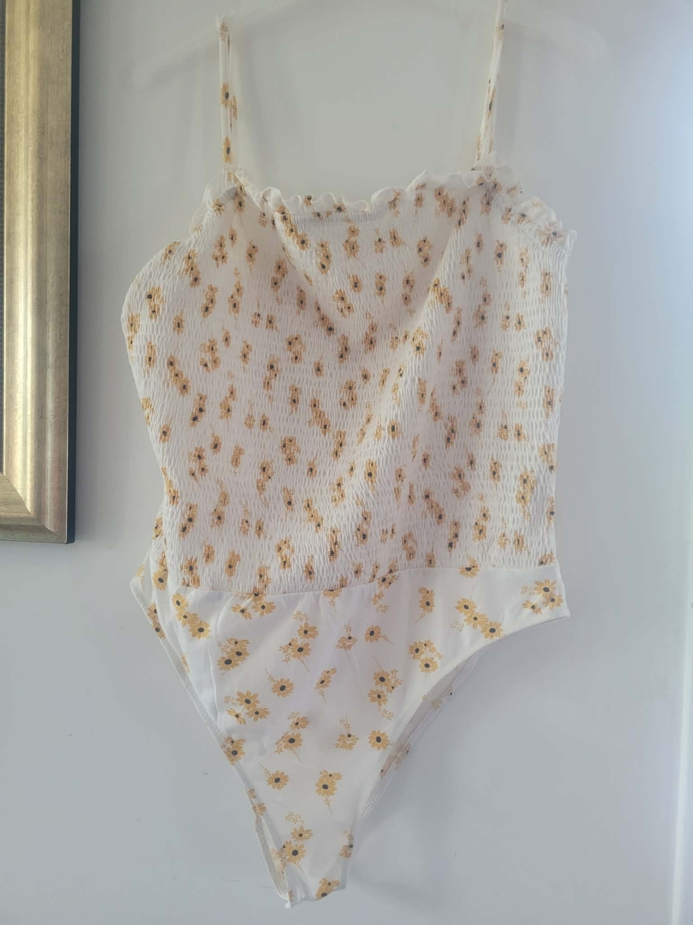 SHEIN White Floral Sunflower Smocked Bodysuit